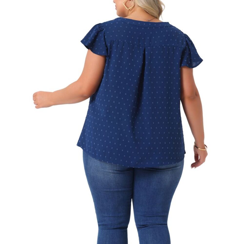 Plus Size Blouses Notched Neck Ruffle Sleeve Basic Top Dark Blue - Picture 4 of 6